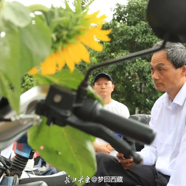 《葵下守望：护考的温情》
照片中的向日葵象征着希望，家长坐在考场外的电动车上，平静的外表饱含期待与关怀。“葵下守望”体现家长在向日葵下静静等候，守护孩子考试，暗含孩子一举夺魁；“护考的温情”则突出这份
